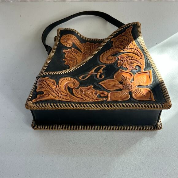Vintage Handbag Handmade Black & Brown Leather Hand Tooled Floral - Picture 9 of 16